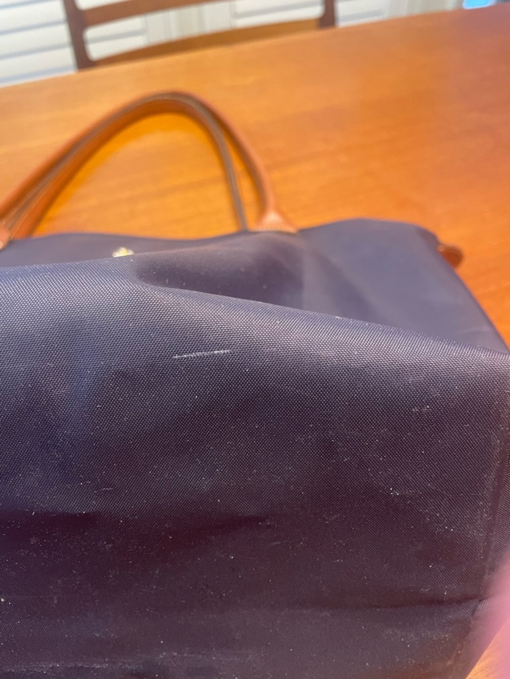 Longchamp Navy Nylon Tote with Brown Leather Trim - Picture 5 of 6